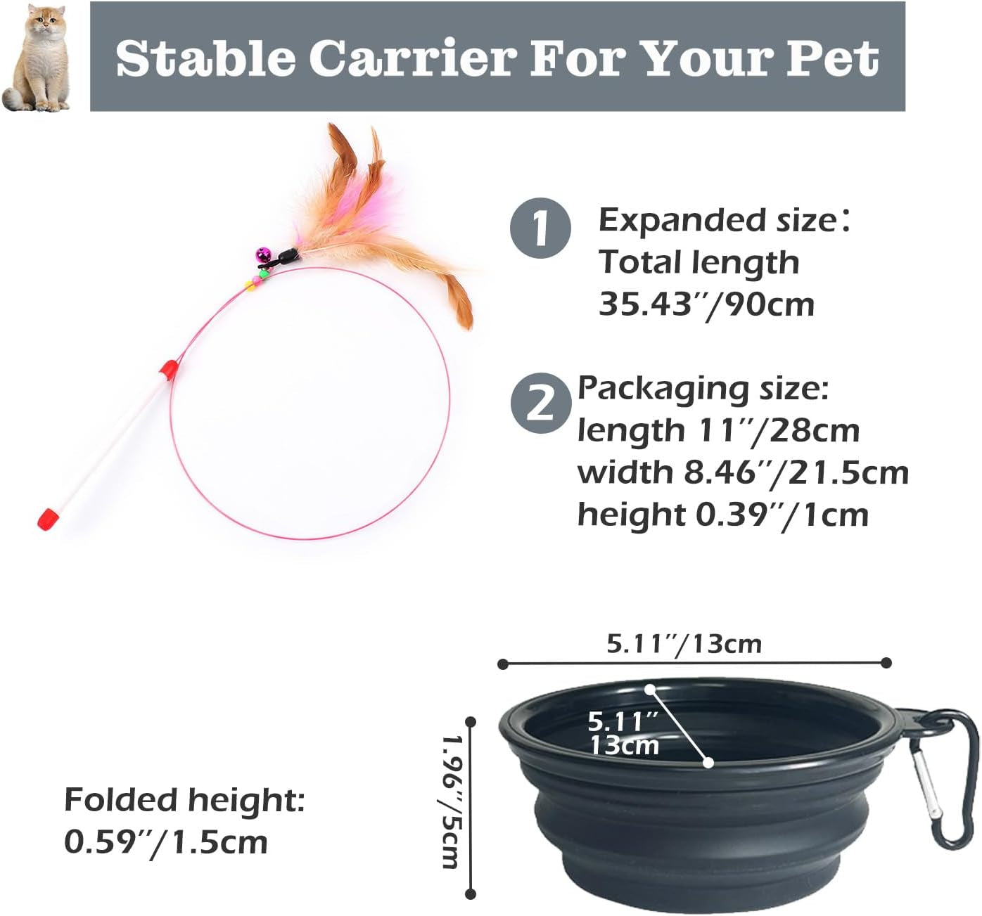 Large Cat Backpack Carrier with Folding Bowl and Teaser Stick for Cats up to 20Lbs with Ventilation and Padded Straps Mochila Para Gatos Transportadora Mascotas (Black)