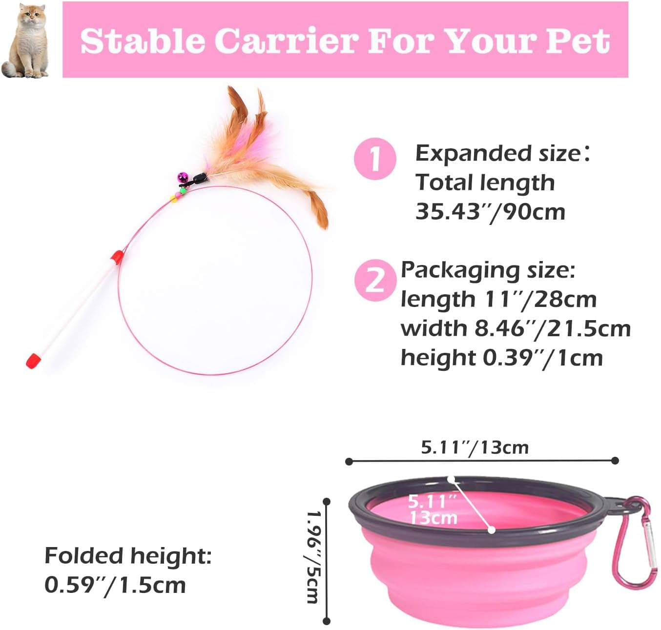 Large Cat Backpack Carrier with Folding Bowl and Teaser Stick for Cats up to 20Lbs with Ventilation and Padded Straps Mochila Para Gatos Transportadora Mascotas (Pink)