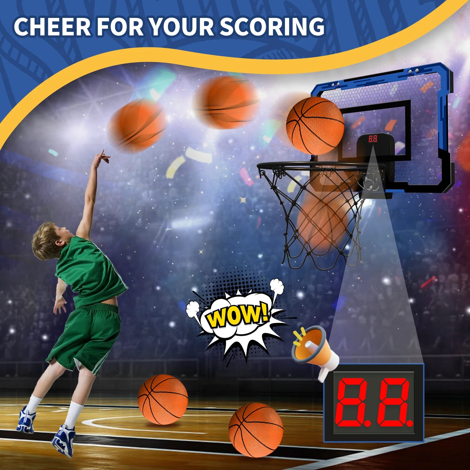 Mini Basketball Hoop with Electronic Scorer, Mini Hoop with 3 Balls/Inflator/Breakaway Rim, Basketball Toy Gifts for Kids and Adults, Suit for Indoor/Outdoor/Pool/Door, Blue