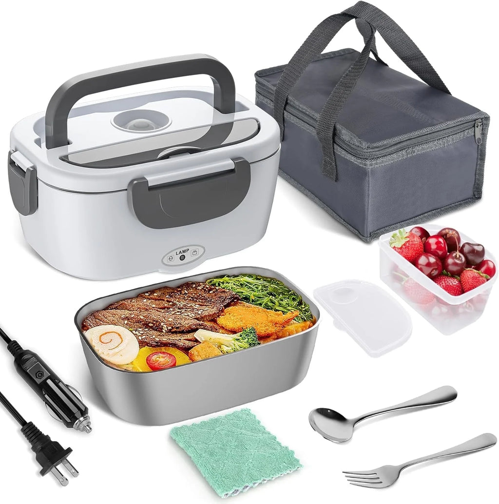 80W Electric Lunch Box Heater - 1.5L Stainless Steel Container for Car, Home & Work - Includes Fork & Spoon - Perfect for Adults & Men!