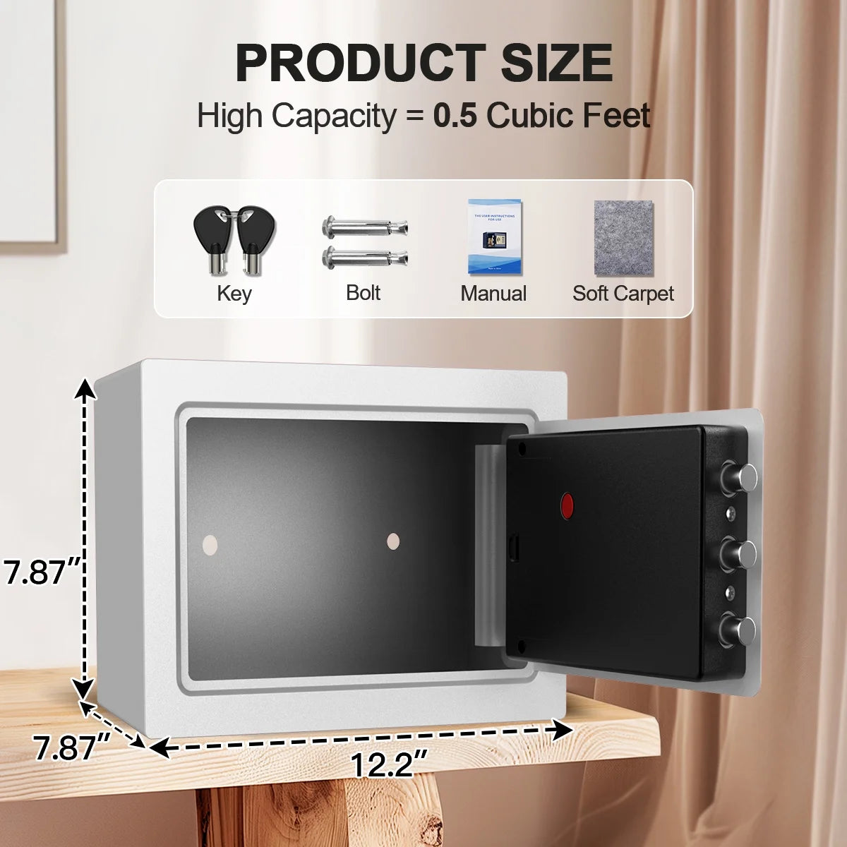 Electronic Digital Safe Box, 0.5 Cubic Feet Home Security Box for Office Hotel Business, Lock Box with Key Keypad for Cash Jewelry White