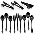 12-Piece Stainless Steel Black Serving Utensils, Include 3 Large Serving Spoons, 3 Slotted Serving Spoons, 3 Servin Tongs