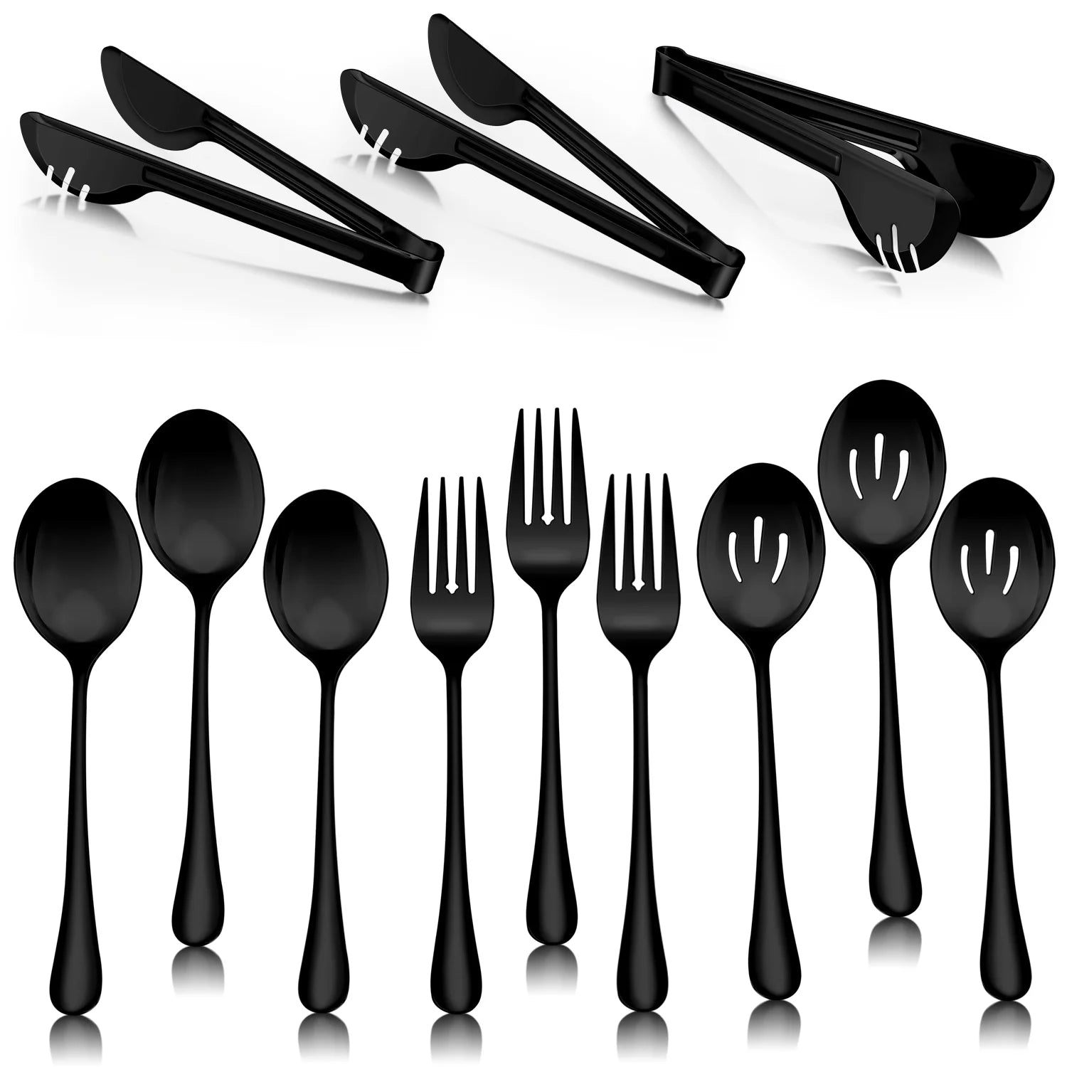 12-Piece Stainless Steel Black Serving Utensils, Include 3 Large Serving Spoons, 3 Slotted Serving Spoons, 3 Servin Tongs