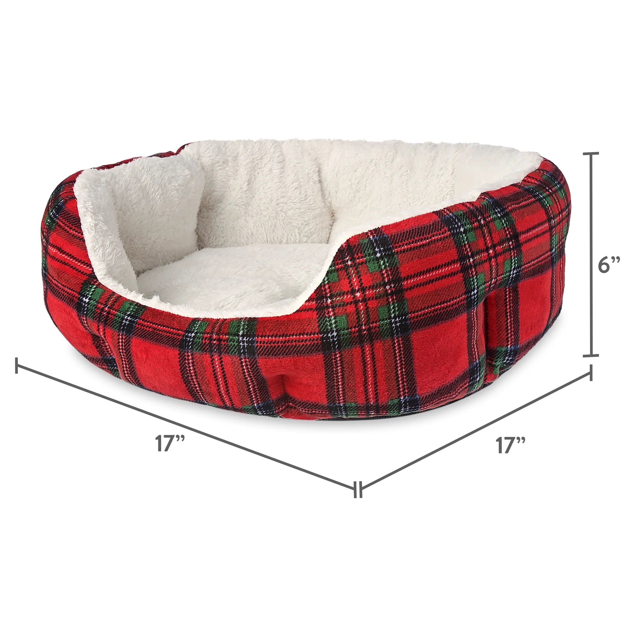 Dog Bed, Cat Bed, Puppy Bed, Plush Cuddle Bed for Small Breeds, 18" X 16", Red and Black Plaid