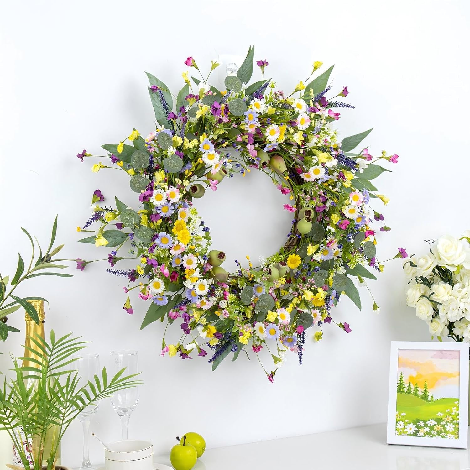 22 Inches Summer Wreaths for Front Door Green Spring Floral Wreath Summer Door Wreath Wildflower Wreaths with Lavender Daisy for Indoors Windows Porch Wall outside All Season
