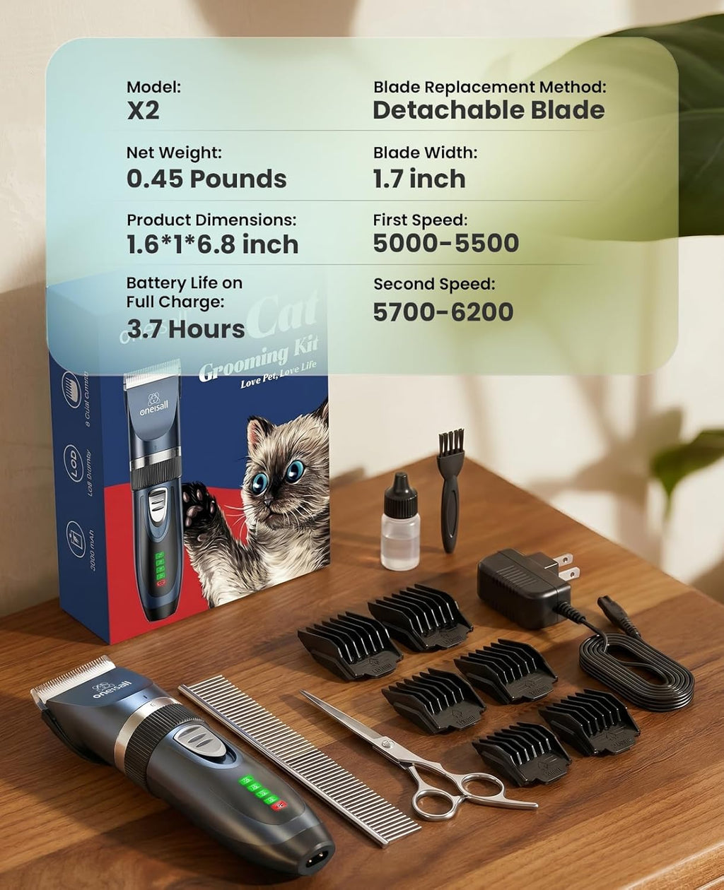 Ultra-Quiet Cat Grooming Clippers - 2-Speed Kit for Matted & Long Hair with 240Mins Battery Life, Adjustable Blades, 6 Guide Guards, Scissors & Steel Comb - Perfect for Cats & Small Dogs