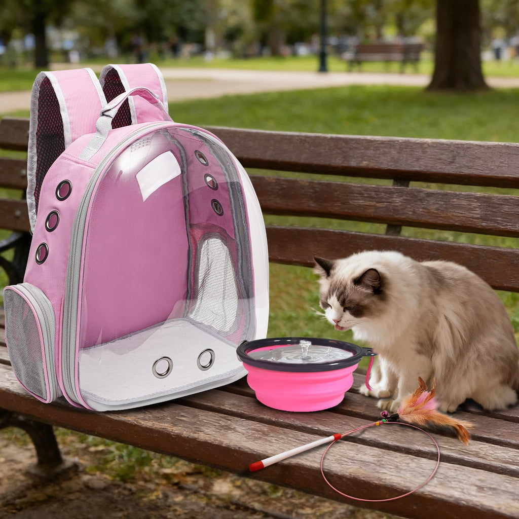 Large Cat Backpack Carrier with Folding Bowl and Teaser Stick for Cats up to 20Lbs with Ventilation and Padded Straps Mochila Para Gatos Transportadora Mascotas (Pink)