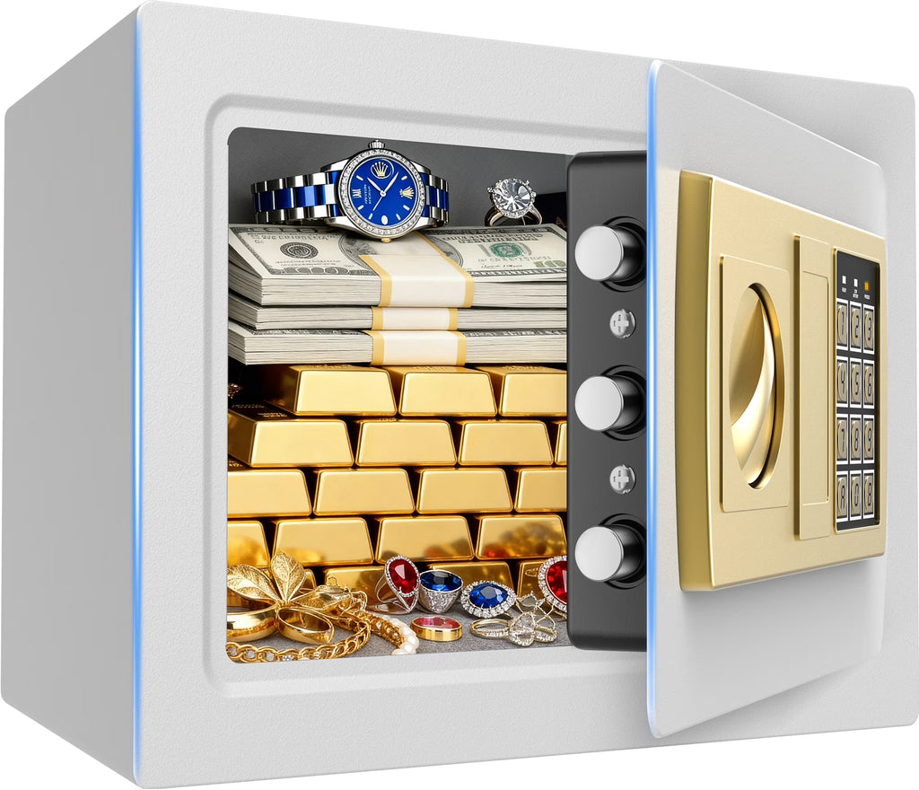 Electronic Digital Safe Box, 0.5 Cubic Feet Home Security Box for Office Hotel Business, Lock Box with Key Keypad for Cash Jewelry White