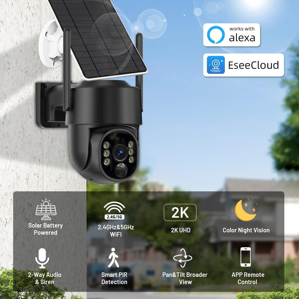 Solar Camera Outdoor Wireless, 2K Solar Outdoor Cameras for Home Security, Battery Powered Wire-Free 5G Wifi Camera, 360° View PTZ, Motion Detection Alerts, Spotlight Siren Alarm, Color Night Vision