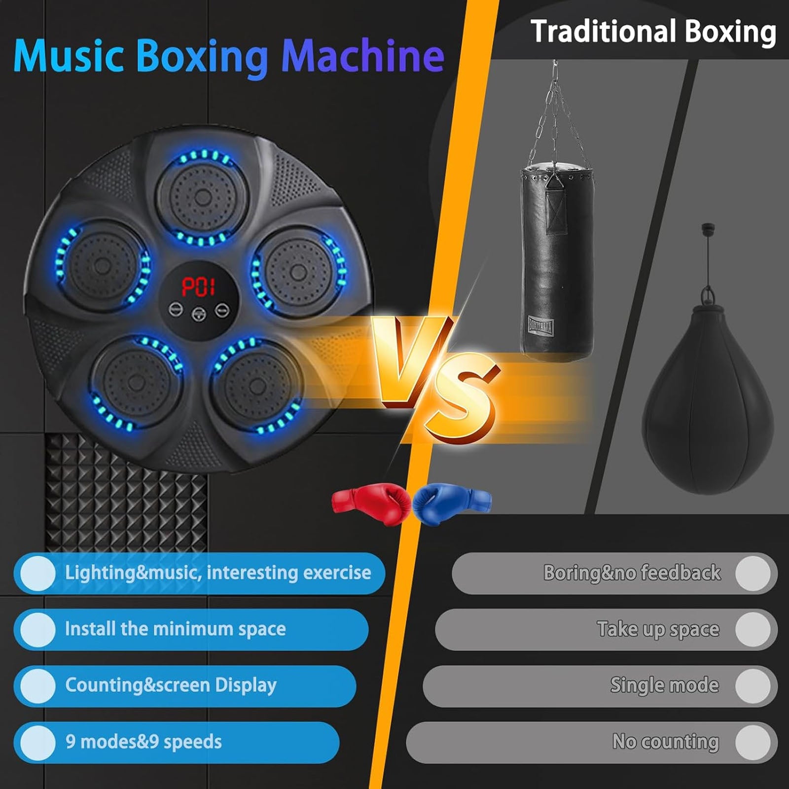 Smart Music Boxing Trainer - Wall-Mounted Bluetooth Punching Machine with Gloves & LED for Home Gym Workouts