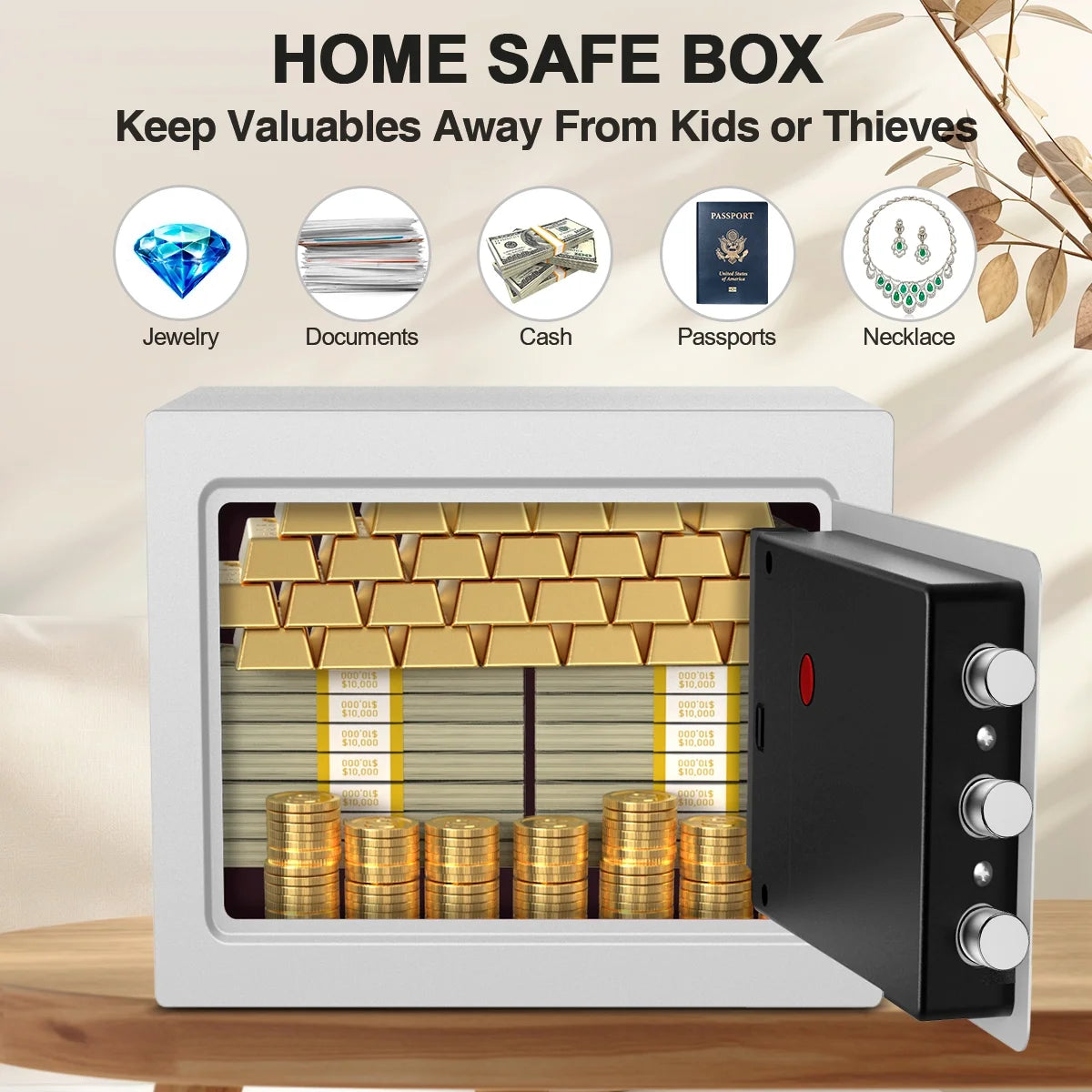 Electronic Digital Safe Box, 0.5 Cubic Feet Home Security Box for Office Hotel Business, Lock Box with Key Keypad for Cash Jewelry White