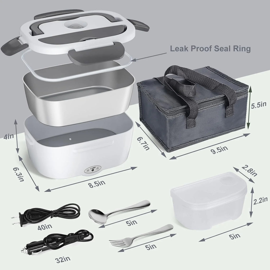 80W Electric Lunch Box Heater - 1.5L Stainless Steel Container for Car, Home & Work - Includes Fork & Spoon - Perfect for Adults & Men!