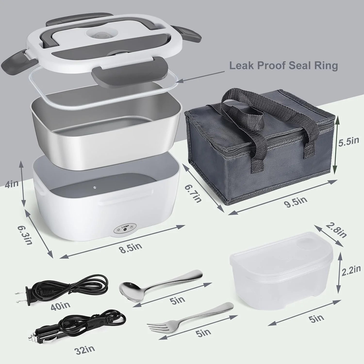 80W Electric Lunch Box Heater - 1.5L Stainless Steel Container for Car, Home & Work - Includes Fork & Spoon - Perfect for Adults & Men!