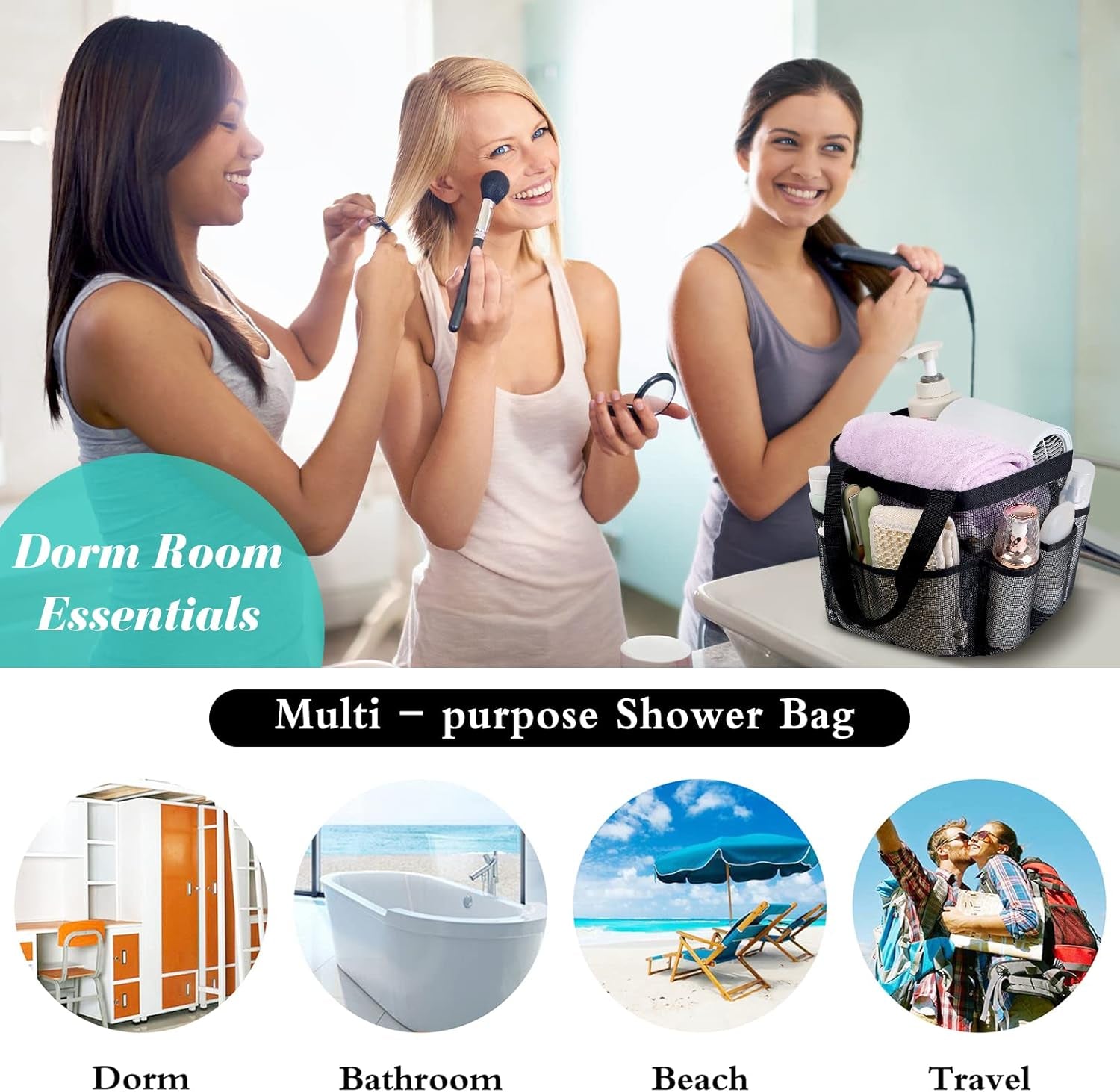 Mesh Shower Caddy Portable, Quick Dry Hanging Shower Tote Bag for College Dorm Room Essentials, Large Capacity Shower Caddy Dorm for Bathroom Gym Swimming