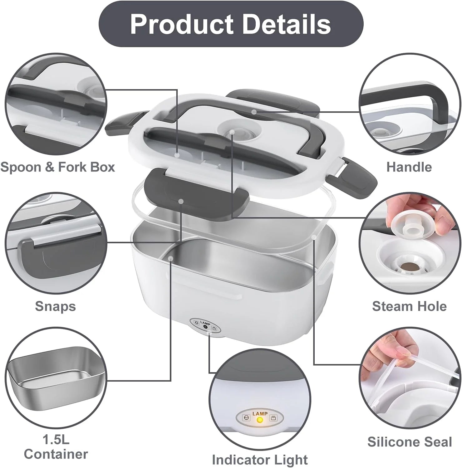 80W Electric Lunch Box Heater - 1.5L Stainless Steel Container for Car, Home & Work - Includes Fork & Spoon - Perfect for Adults & Men!