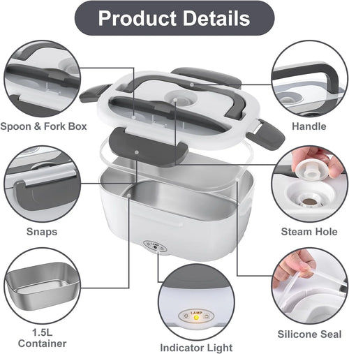 80W Electric Lunch Box Heater - 1.5L Stainless Steel Container for Car, Home & Work - Includes Fork & Spoon - Perfect for Adults & Men!