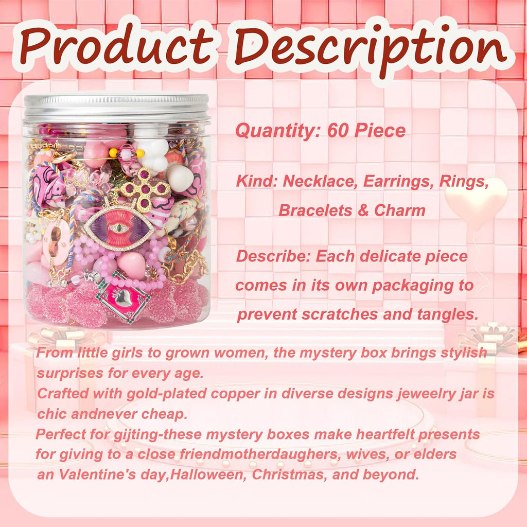 Mystery Jewelry Jar, 60Pcs Gold & Sterling Silver Mystery Box, Dainty Necklace Earrings Rings Bracelets DIY Pendants Jewelry Set, Surprise Jewelry Jar Unique Birthday Gifts for Her