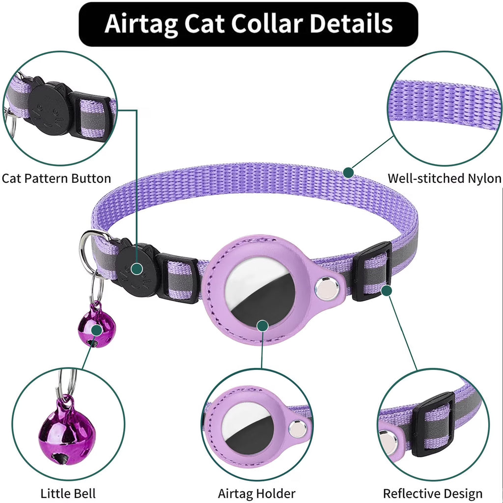 Airtag Cat Collar Breakaway, Reflective Kitten Collar with Apple Air Tag Holder and Bell for Girl Boy Cats, 0.4 Inches in Width and Lightweight