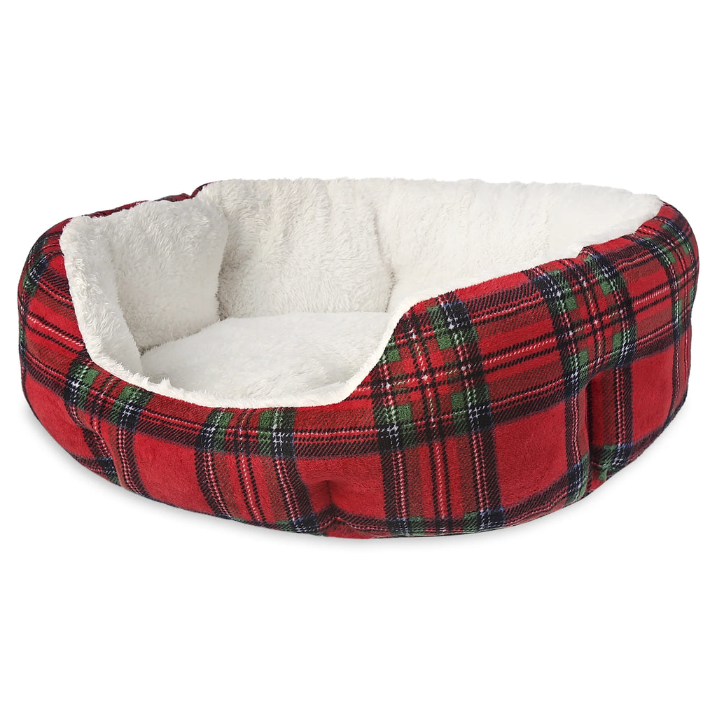 Dog Bed, Cat Bed, Puppy Bed, Plush Cuddle Bed for Small Breeds, 18" X 16", Red and Black Plaid