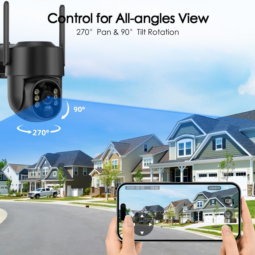 Solar Camera Outdoor Wireless, 2K Solar Outdoor Cameras for Home Security, Battery Powered Wire-Free 5G Wifi Camera, 360° View PTZ, Motion Detection Alerts, Spotlight Siren Alarm, Color Night Vision