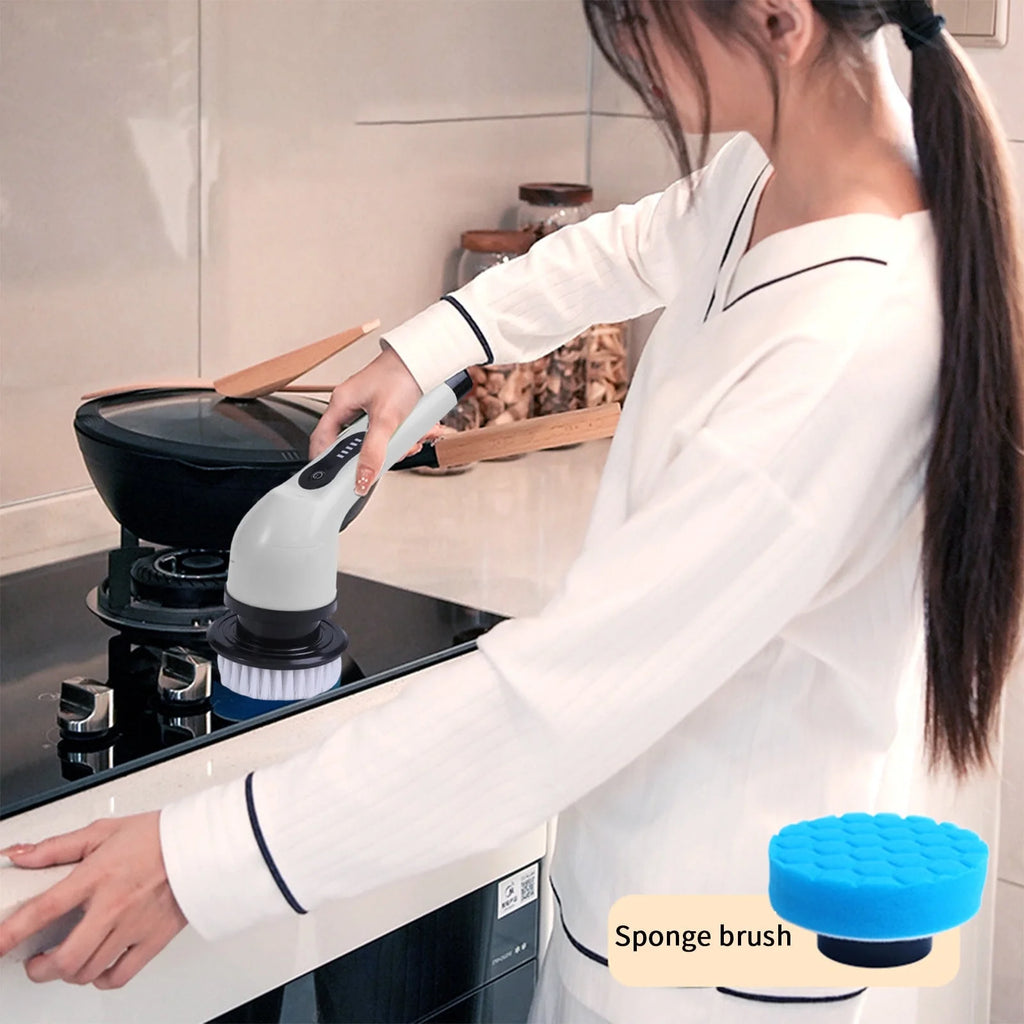 Cordless Electric Spin Scrubber with Long Handle & 6 Replaceable Heads - Versatile Shower & Bathroom Cleaning Tool