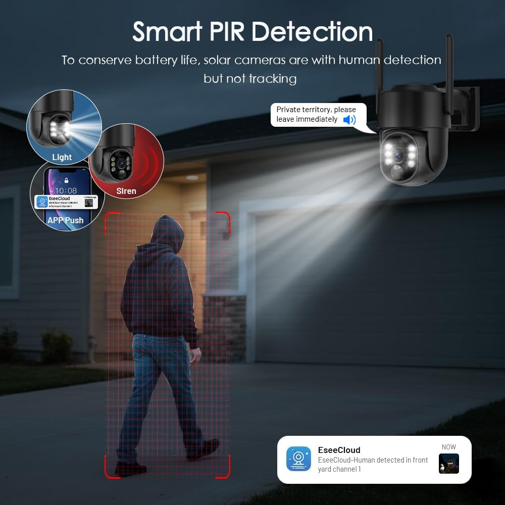 Solar Camera Outdoor Wireless, 2K Solar Outdoor Cameras for Home Security, Battery Powered Wire-Free 5G Wifi Camera, 360° View PTZ, Motion Detection Alerts, Spotlight Siren Alarm, Color Night Vision
