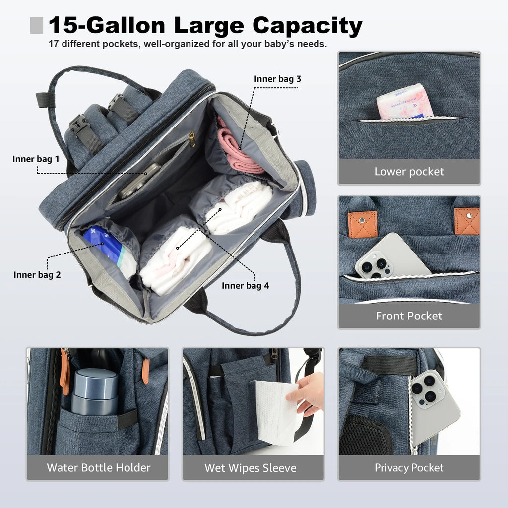 Diaper Bag Backpack with Changing Station, Multifunctional Waterproof Portable Baby Bag for Travel– Large Capacity, Blue
