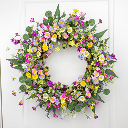 22 Inches Summer Wreaths for Front Door Green Spring Floral Wreath Summer Door Wreath Wildflower Wreaths with Lavender Daisy for Indoors Windows Porch Wall outside All Season