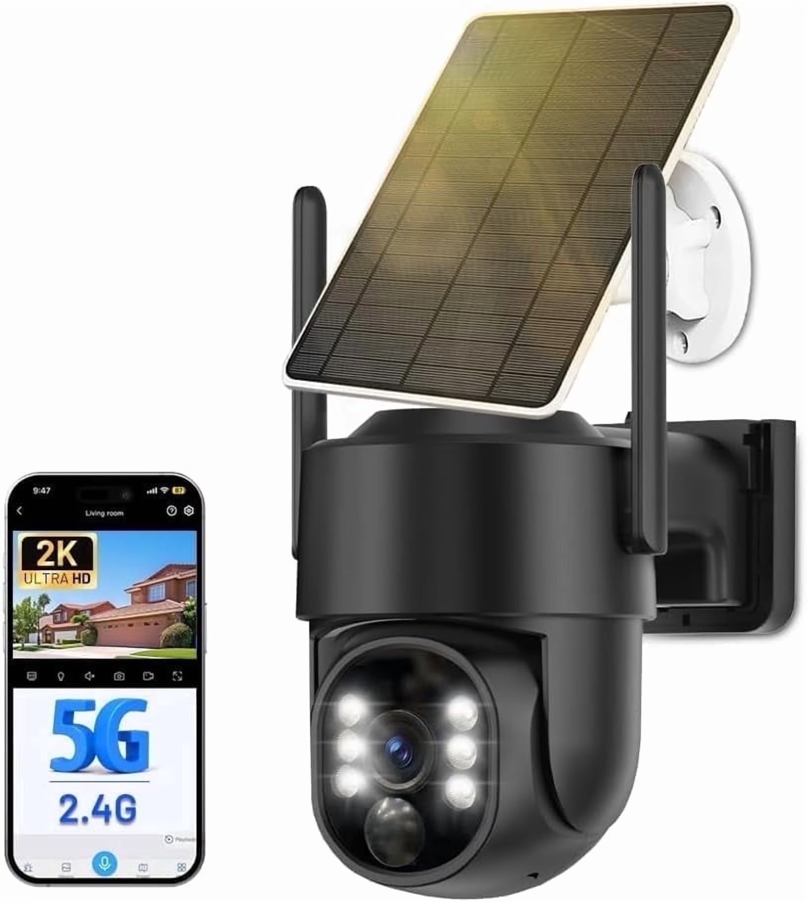 Solar Camera Outdoor Wireless, 2K Solar Outdoor Cameras for Home Security, Battery Powered Wire-Free 5G Wifi Camera, 360° View PTZ, Motion Detection Alerts, Spotlight Siren Alarm, Color Night Vision