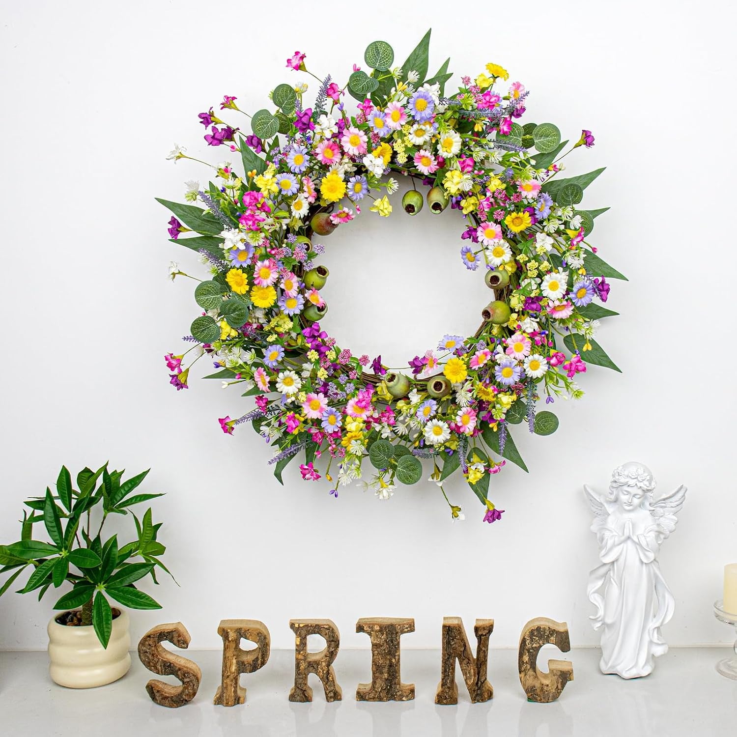 22 Inches Summer Wreaths for Front Door Green Spring Floral Wreath Summer Door Wreath Wildflower Wreaths with Lavender Daisy for Indoors Windows Porch Wall outside All Season