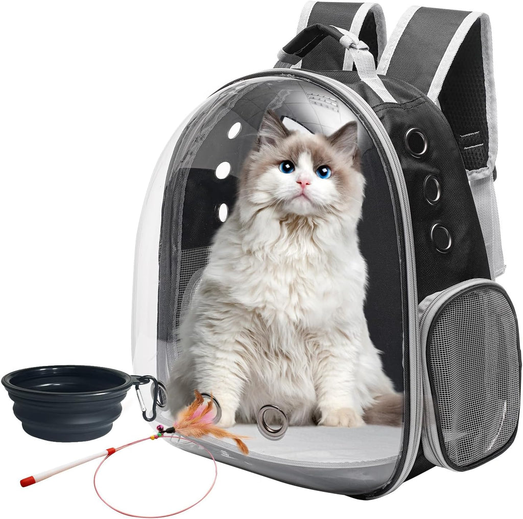 Large Cat Backpack Carrier with Folding Bowl and Teaser Stick for Cats up to 20Lbs with Ventilation and Padded Straps Mochila Para Gatos Transportadora Mascotas (Black)
