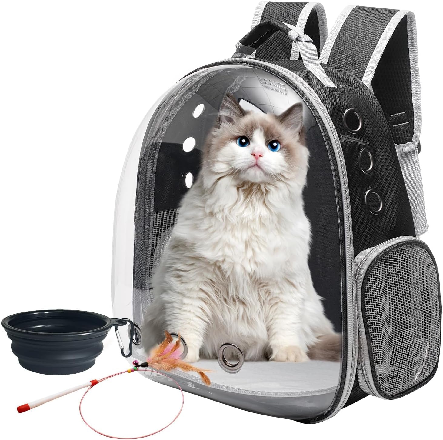 Large Cat Backpack Carrier with Folding Bowl and Teaser Stick for Cats up to 20Lbs with Ventilation and Padded Straps Mochila Para Gatos Transportadora Mascotas (Black)