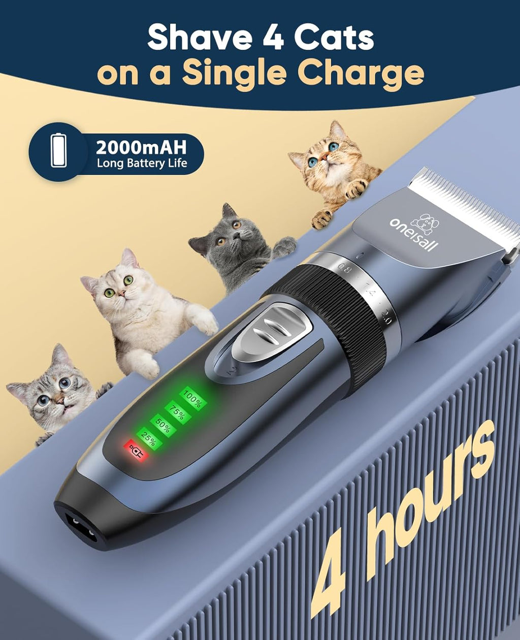 Ultra-Quiet Cat Grooming Clippers - 2-Speed Kit for Matted & Long Hair with 240Mins Battery Life, Adjustable Blades, 6 Guide Guards, Scissors & Steel Comb - Perfect for Cats & Small Dogs