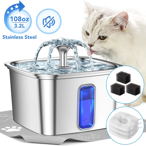108Oz/3.2L Stainless Steel Cat Water Fountain with Replacement Filters & Silicone Mat, Automatic Water Dispenser for Cats and Dogs, Electric Drinking Bowl Suitable for Multiple Pets, Silver