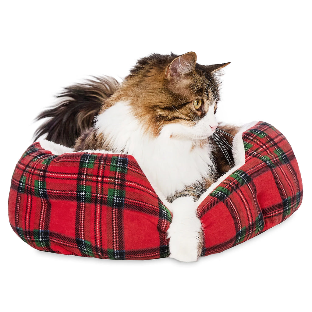 Dog Bed, Cat Bed, Puppy Bed, Plush Cuddle Bed for Small Breeds, 18" X 16", Red and Black Plaid