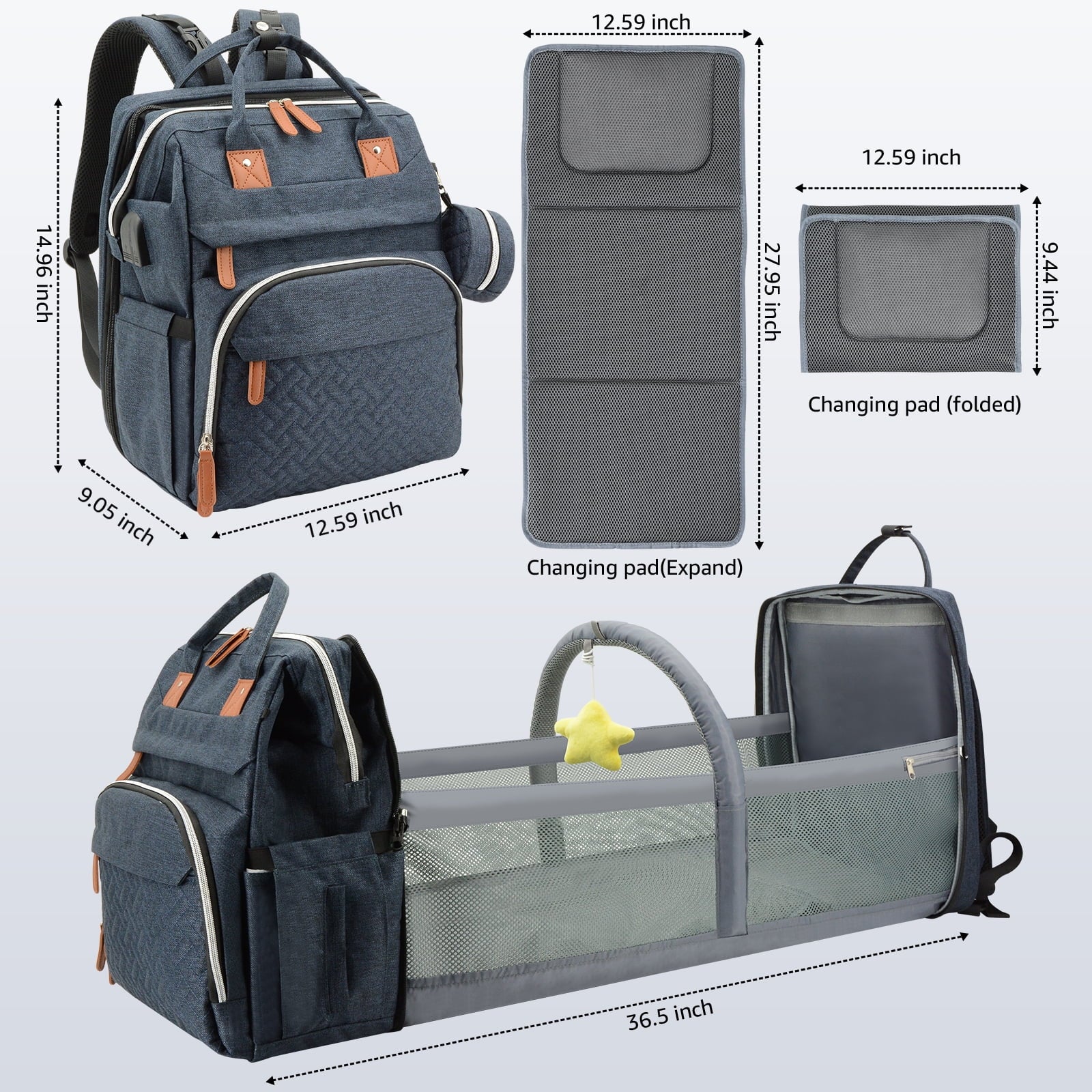 Diaper Bag Backpack with Changing Station, Multifunctional Waterproof Portable Baby Bag for Travel– Large Capacity, Blue