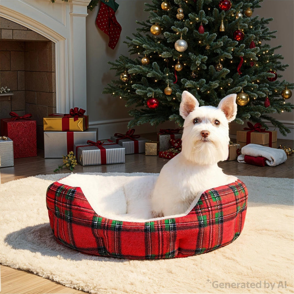 Dog Bed, Cat Bed, Puppy Bed, Plush Cuddle Bed for Small Breeds, 18" X 16", Red and Black Plaid