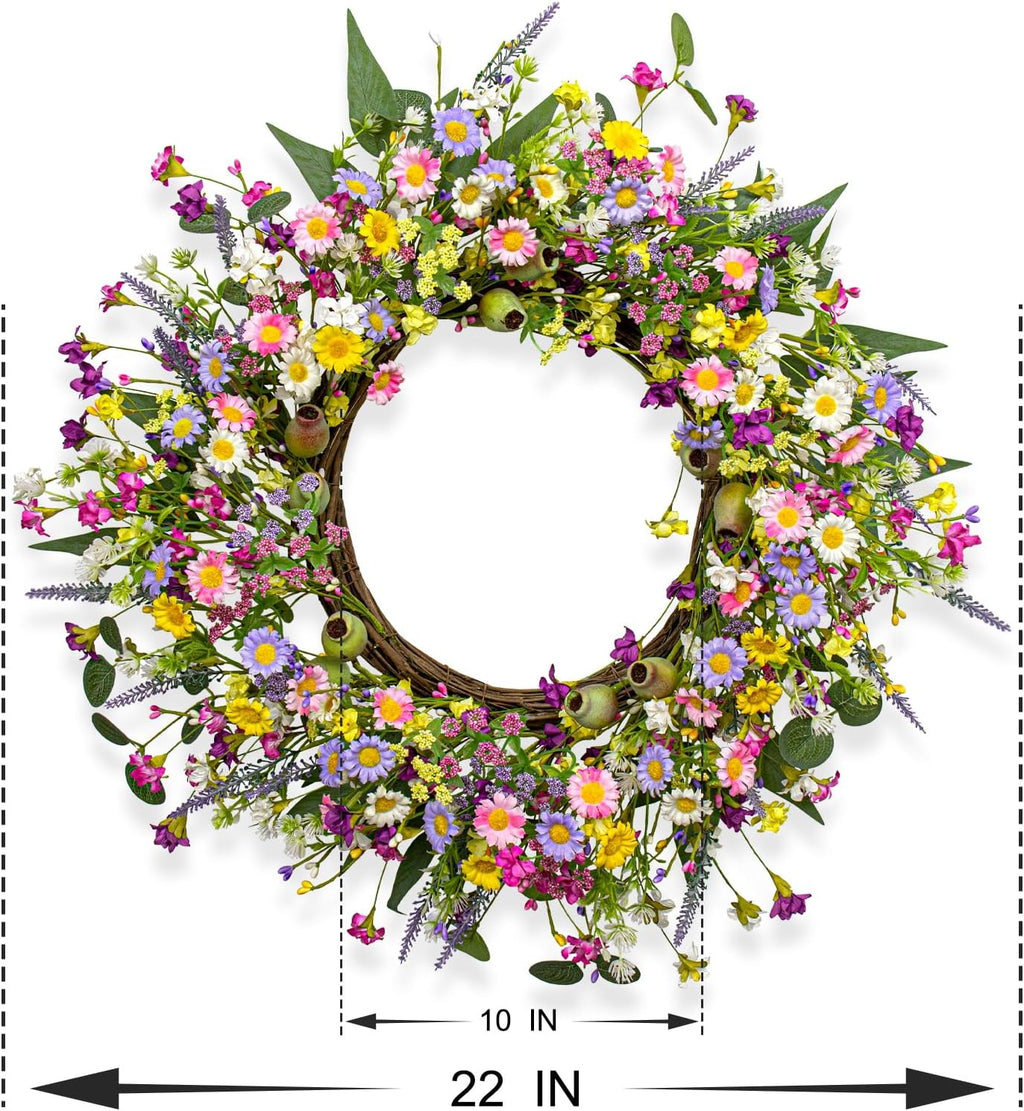 22 Inches Summer Wreaths for Front Door Green Spring Floral Wreath Summer Door Wreath Wildflower Wreaths with Lavender Daisy for Indoors Windows Porch Wall outside All Season