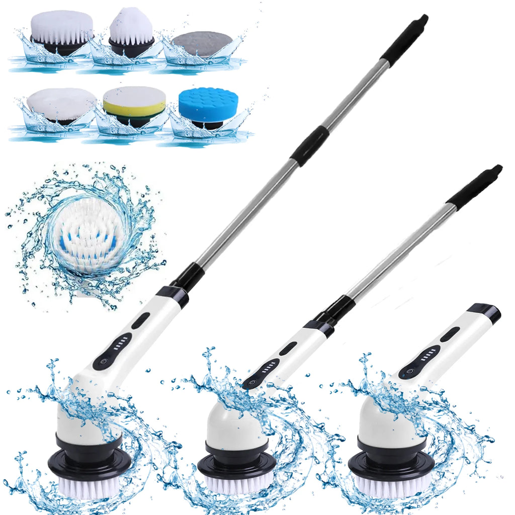 Cordless Electric Spin Scrubber with Long Handle & 6 Replaceable Heads - Versatile Shower & Bathroom Cleaning Tool
