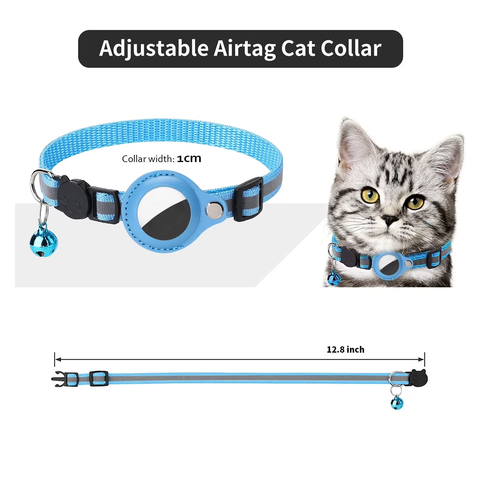 Airtag Cat Collar Breakaway, Reflective Kitten Collar with Apple Air Tag Holder and Bell for Girl Boy Cats, 0.4 Inches in Width and Lightweight