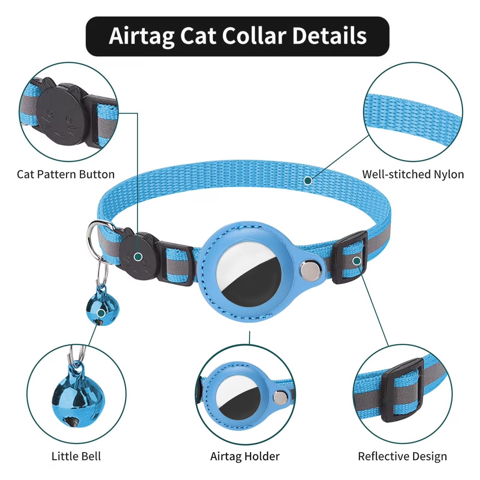 Airtag Cat Collar Breakaway, Reflective Kitten Collar with Apple Air Tag Holder and Bell for Girl Boy Cats, 0.4 Inches in Width and Lightweight