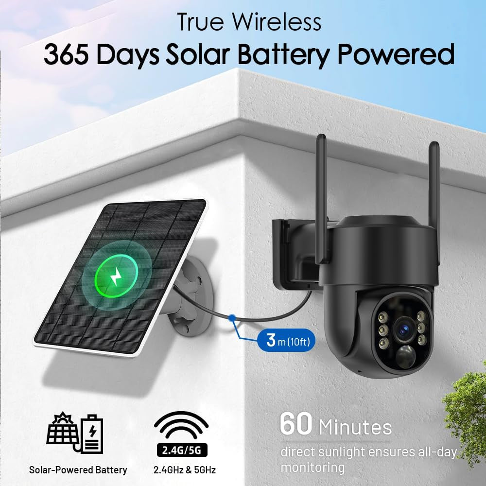 Solar Camera Outdoor Wireless, 2K Solar Outdoor Cameras for Home Security, Battery Powered Wire-Free 5G Wifi Camera, 360° View PTZ, Motion Detection Alerts, Spotlight Siren Alarm, Color Night Vision