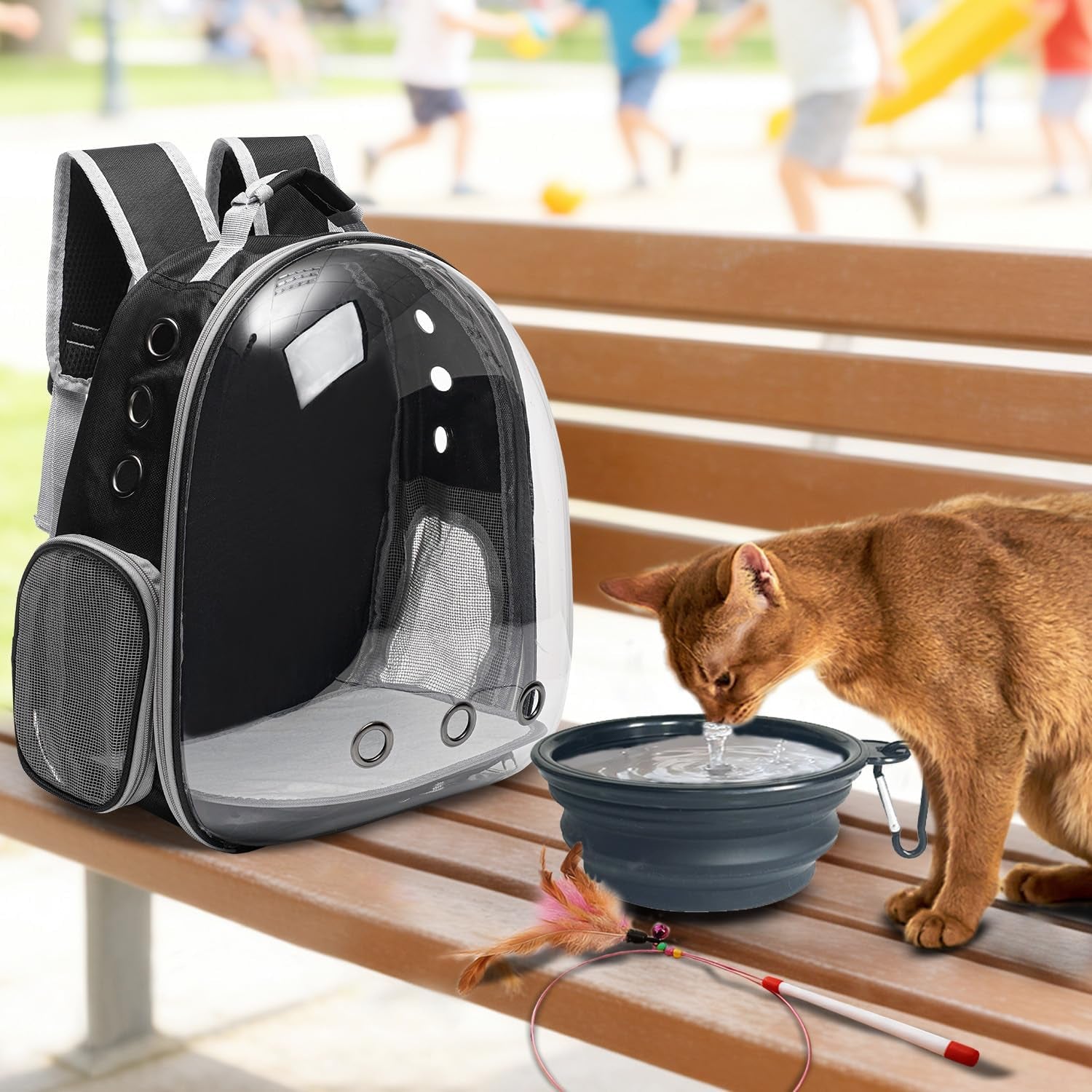 Large Cat Backpack Carrier with Folding Bowl and Teaser Stick for Cats up to 20Lbs with Ventilation and Padded Straps Mochila Para Gatos Transportadora Mascotas (Black)