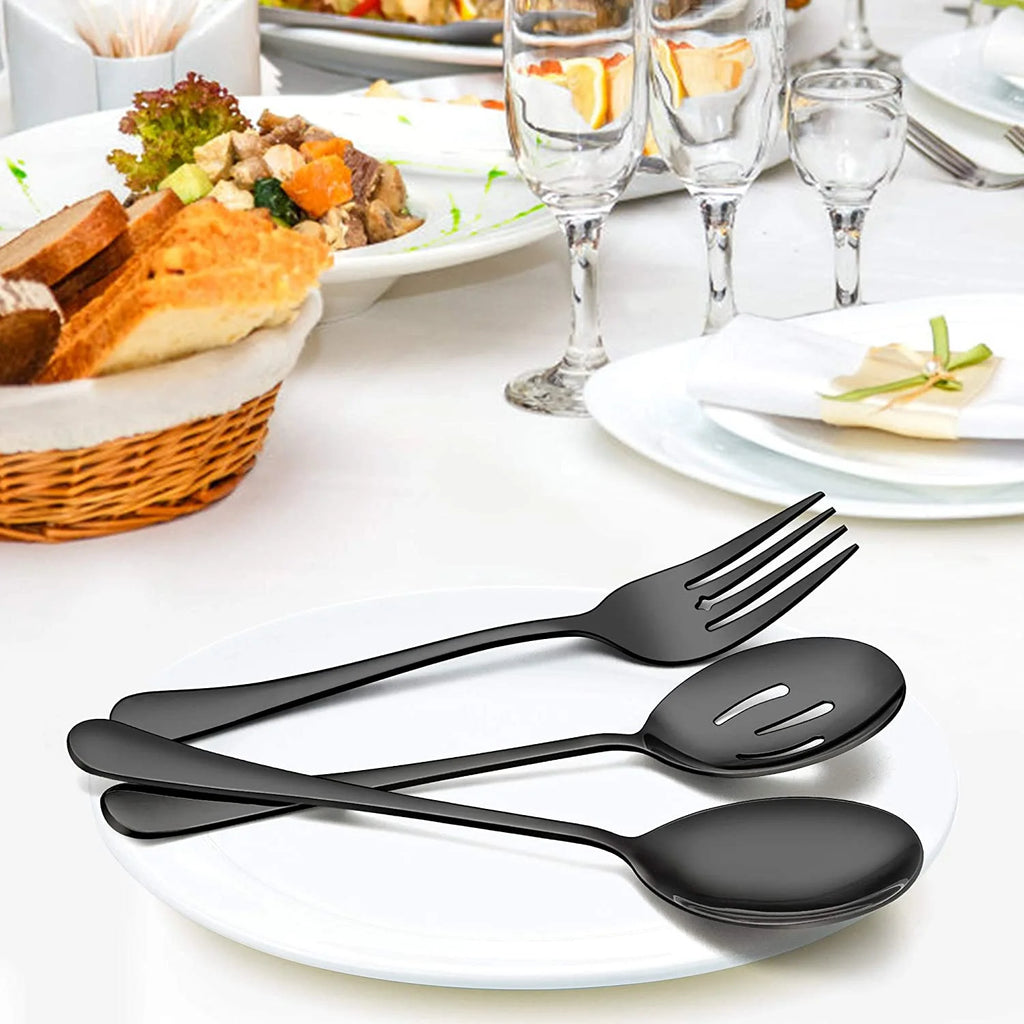 12-Piece Stainless Steel Black Serving Utensils, Include 3 Large Serving Spoons, 3 Slotted Serving Spoons, 3 Servin Tongs