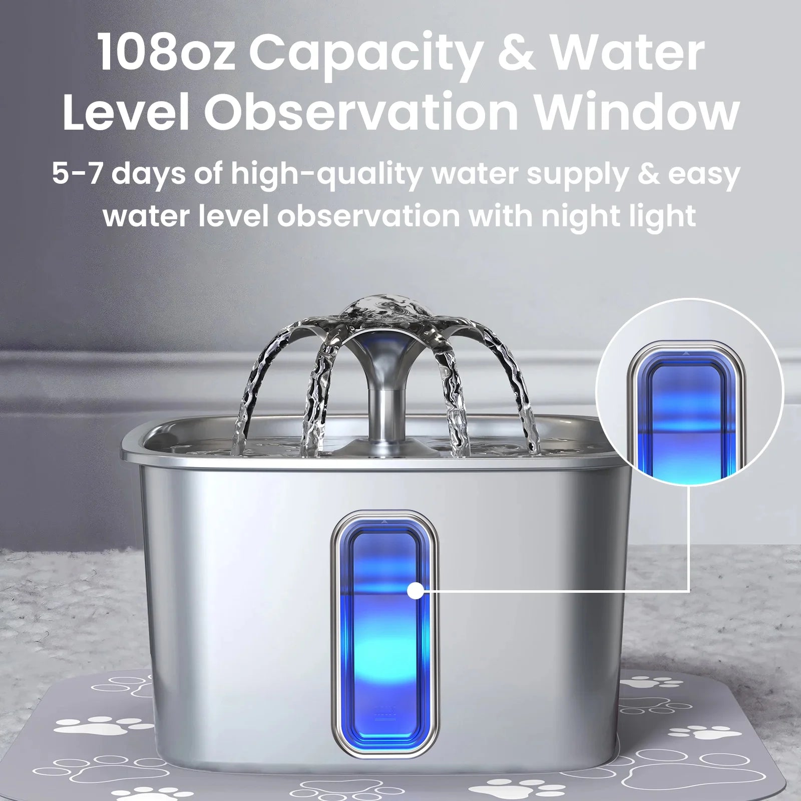 108Oz/3.2L Stainless Steel Cat Water Fountain with Replacement Filters & Silicone Mat, Automatic Water Dispenser for Cats and Dogs, Electric Drinking Bowl Suitable for Multiple Pets, Silver