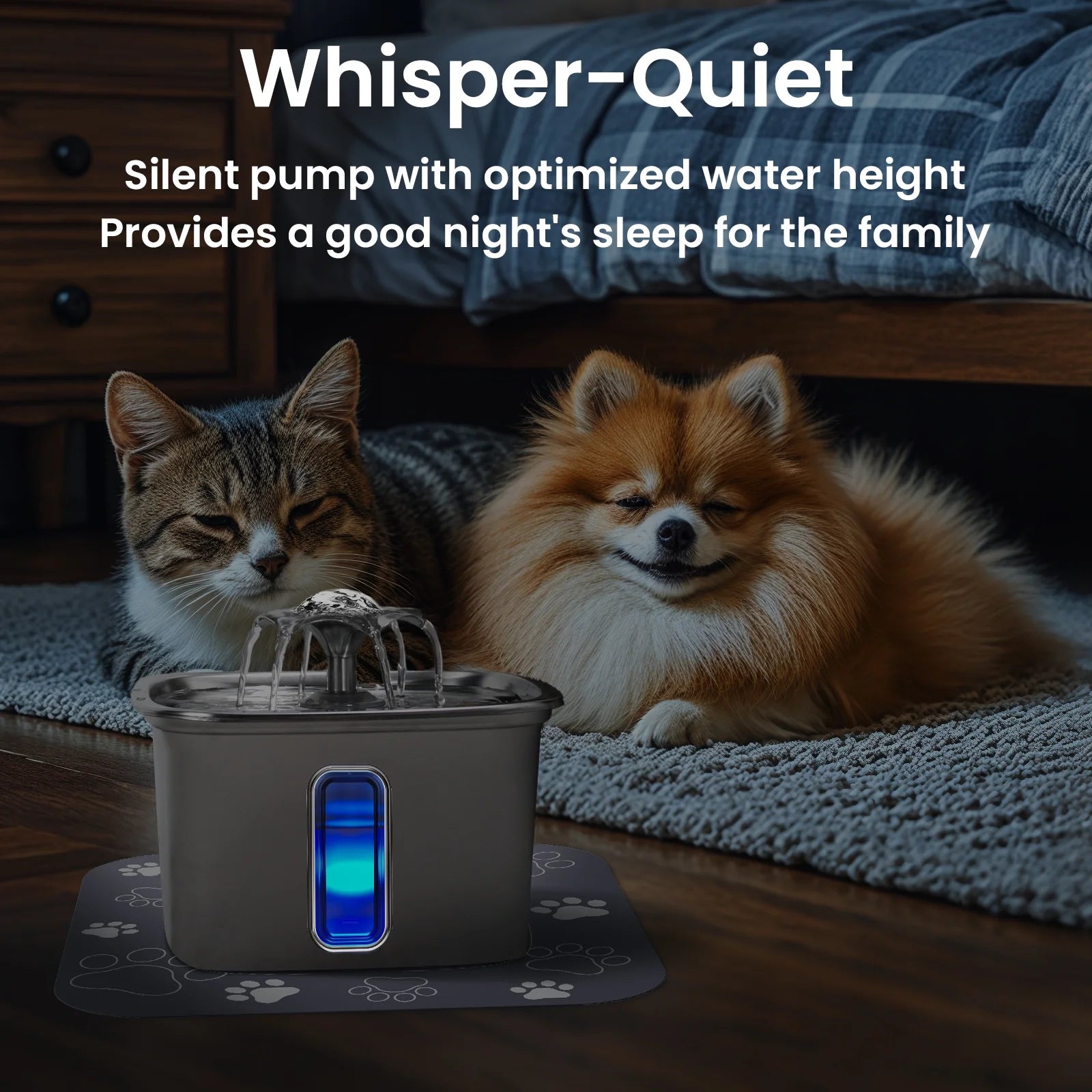 108Oz/3.2L Stainless Steel Cat Water Fountain with Replacement Filters & Silicone Mat, Automatic Water Dispenser for Cats and Dogs, Electric Drinking Bowl Suitable for Multiple Pets, Silver