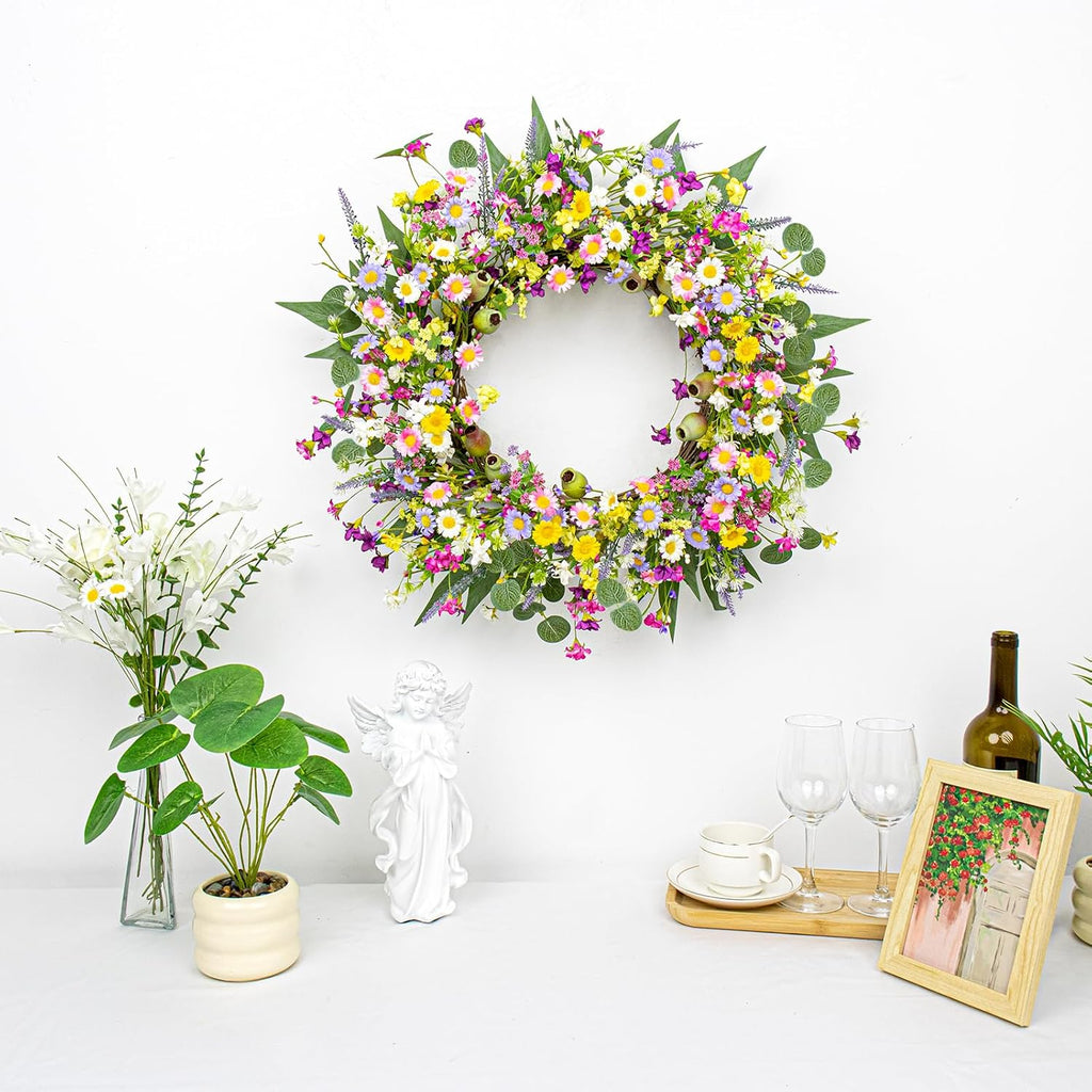 22 Inches Summer Wreaths for Front Door Green Spring Floral Wreath Summer Door Wreath Wildflower Wreaths with Lavender Daisy for Indoors Windows Porch Wall outside All Season