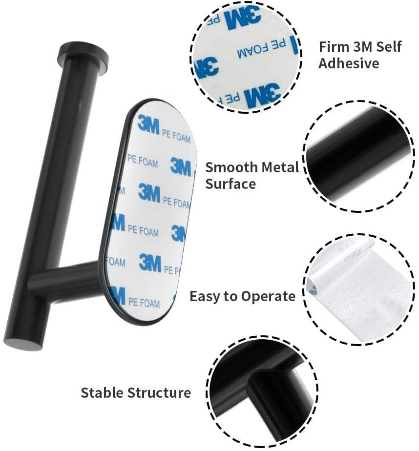 Adhesive Toilet Paper Holder - Roll Holder Small Space for Kitchen Bathroom Utility Hooks Stick on Wall Stainless Steel Brushed Black