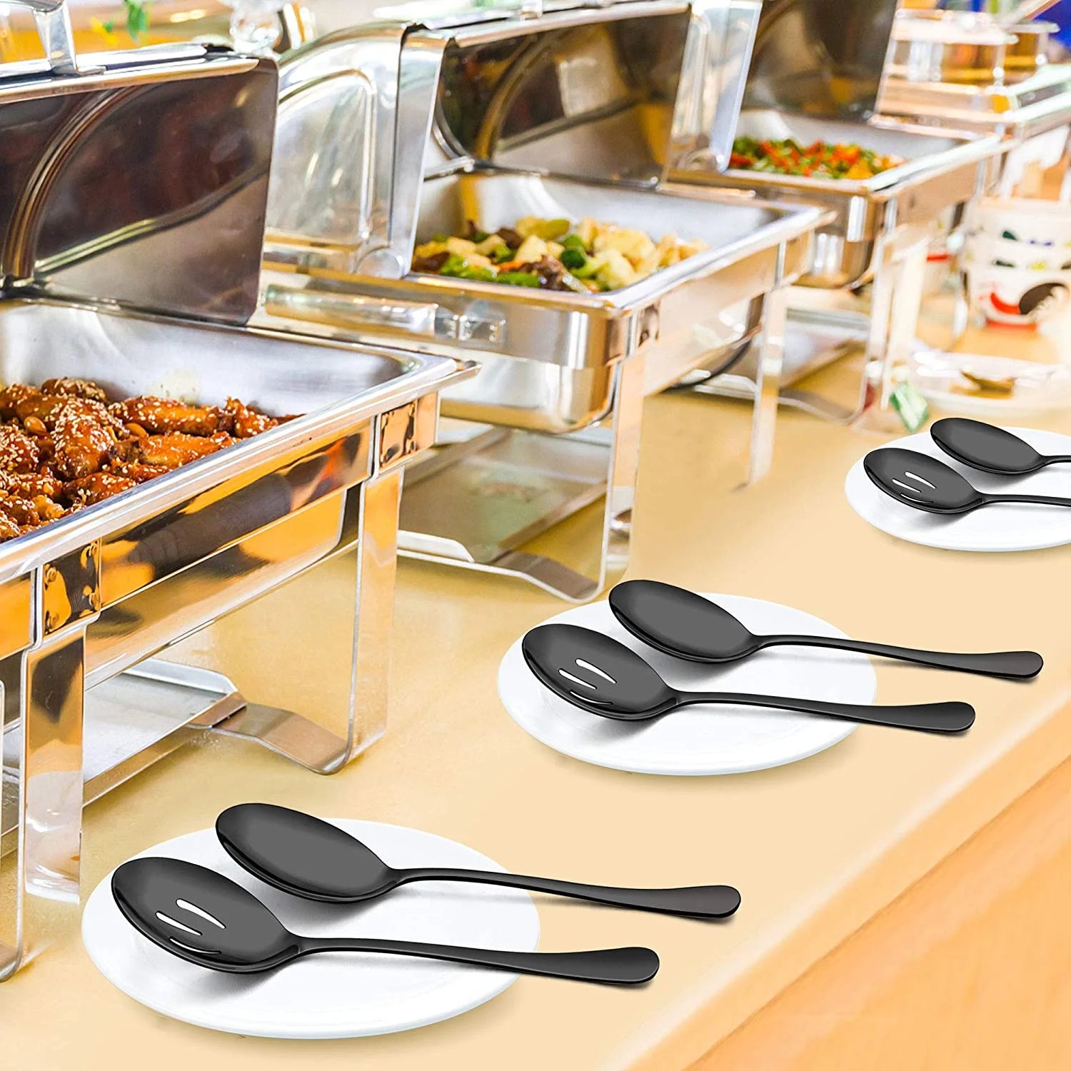 12-Piece Stainless Steel Black Serving Utensils, Include 3 Large Serving Spoons, 3 Slotted Serving Spoons, 3 Servin Tongs