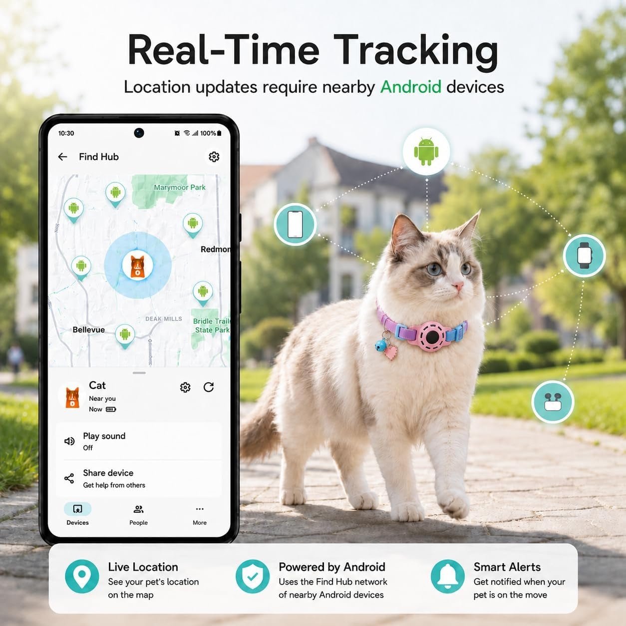 Cat Tracker GPS for Android, Pet GPS Tracker Collar for Cats No Subscription, IP67 Waterproof Cat Collar with Tracker Compatible with Google Find Hub – Replaceable 1-Year Battery, Android Only (Pink)